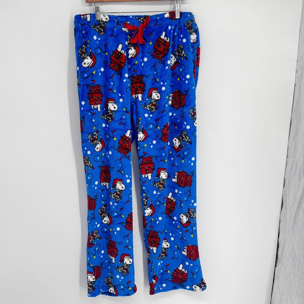 Peanuts Snoopy Pajama Pants Unisex Large‎ Blue Christmas Fleece Holiday Lounge